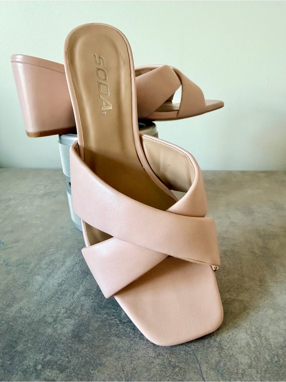 Soda Blush Pink Crisscross Mule Block Heel